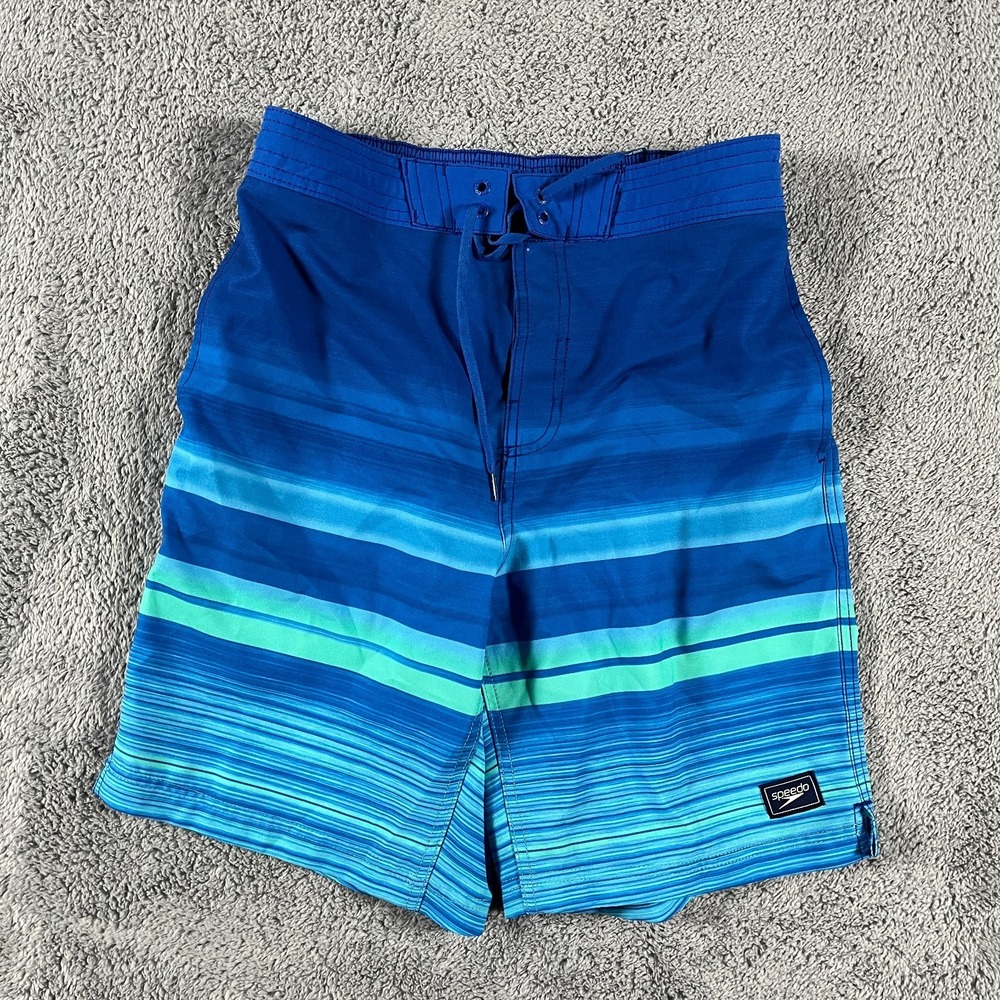 Speedo Board Shorts Mens M Blue Striped Surf Surfing Water Polo Elastic Waist
